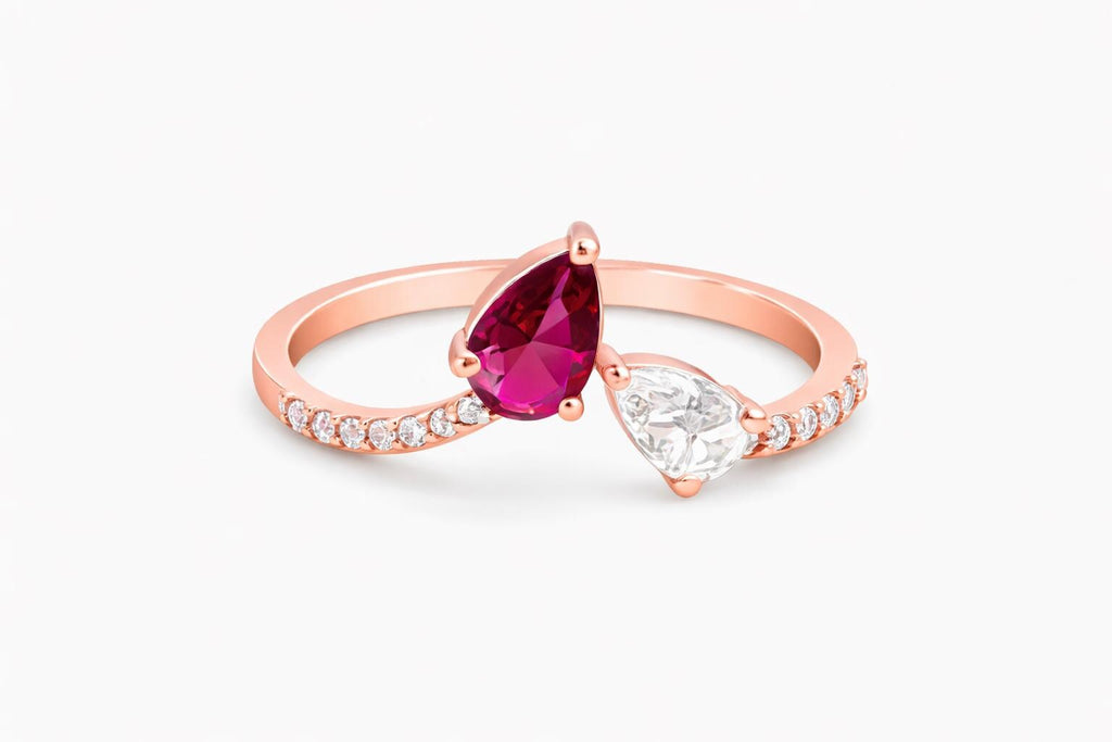 Rose Gold Pear Cut Ring, Sterling Silver Ruby CZ, Dainty Minimalist Statement Brith Stone