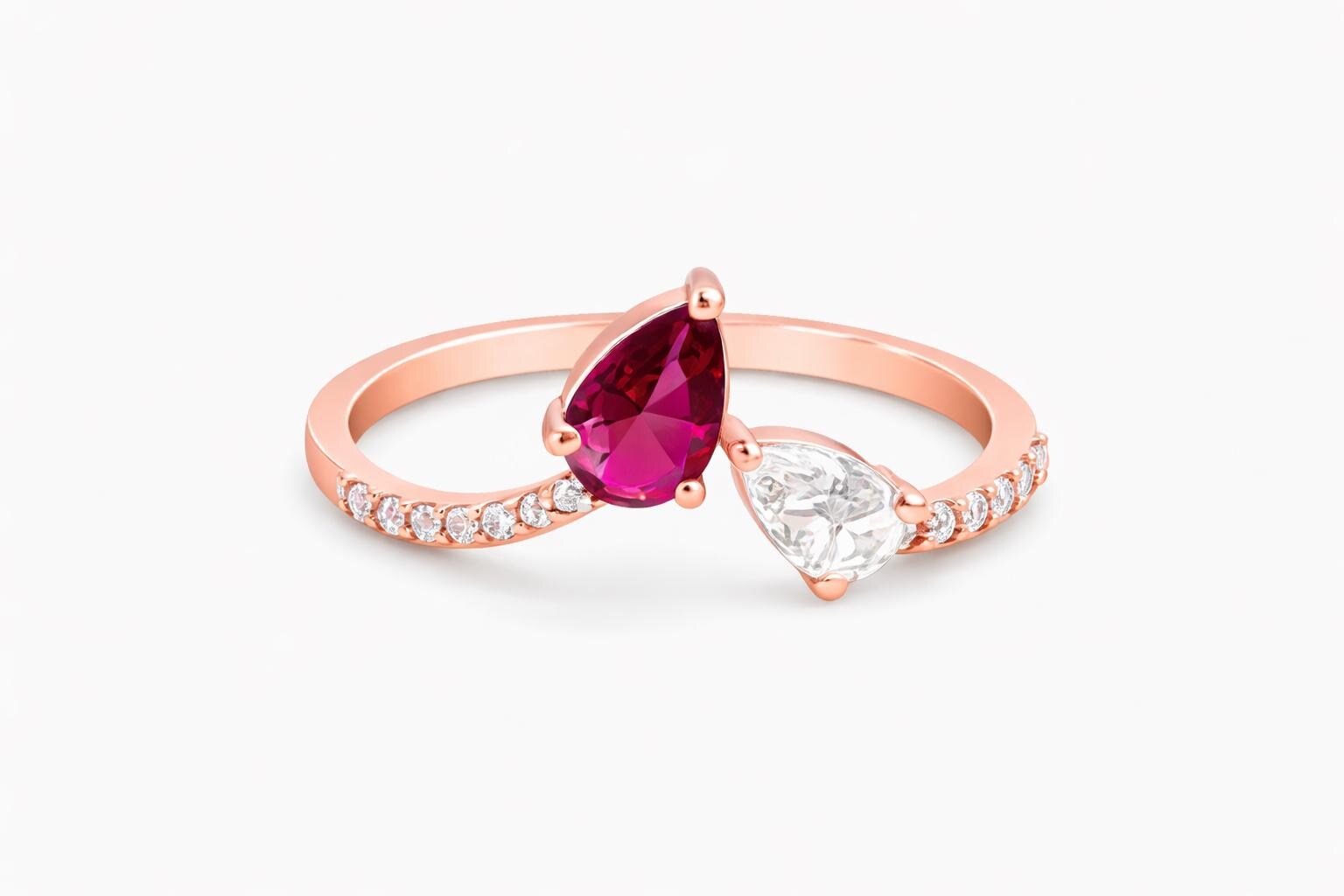 Rose Gold Pear Cut Ring, Sterling Silver Ruby CZ, Dainty Minimalist Statement Brith Stone