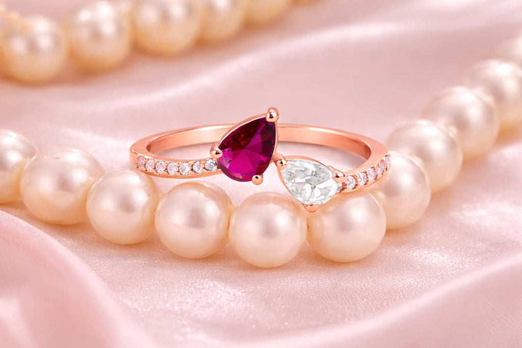 Rose Gold Pear Cut Ring, Sterling Silver Ruby CZ, Dainty Minimalist Statement Brith Stone