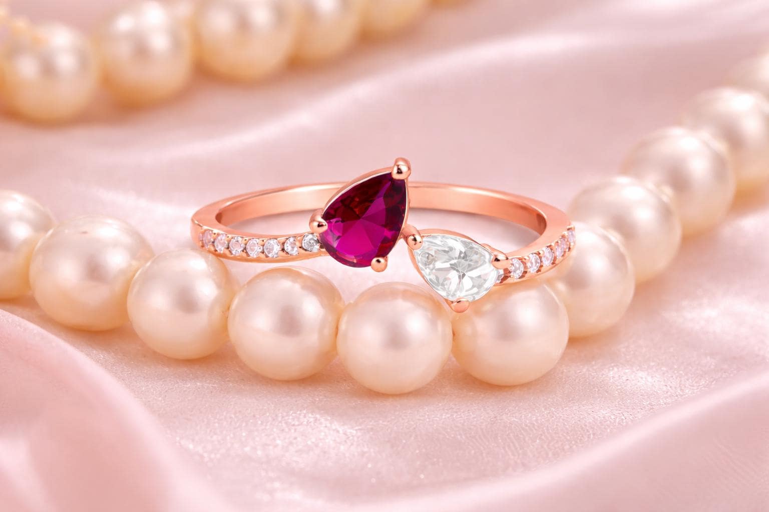 Rose Gold Pear Cut Ring, Sterling Silver Ruby CZ, Dainty Minimalist Statement Brith Stone