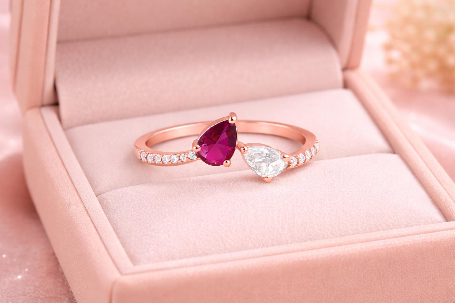 Rose Gold Pear Cut Ring, Sterling Silver Ruby CZ, Dainty Minimalist Statement Brith Stone