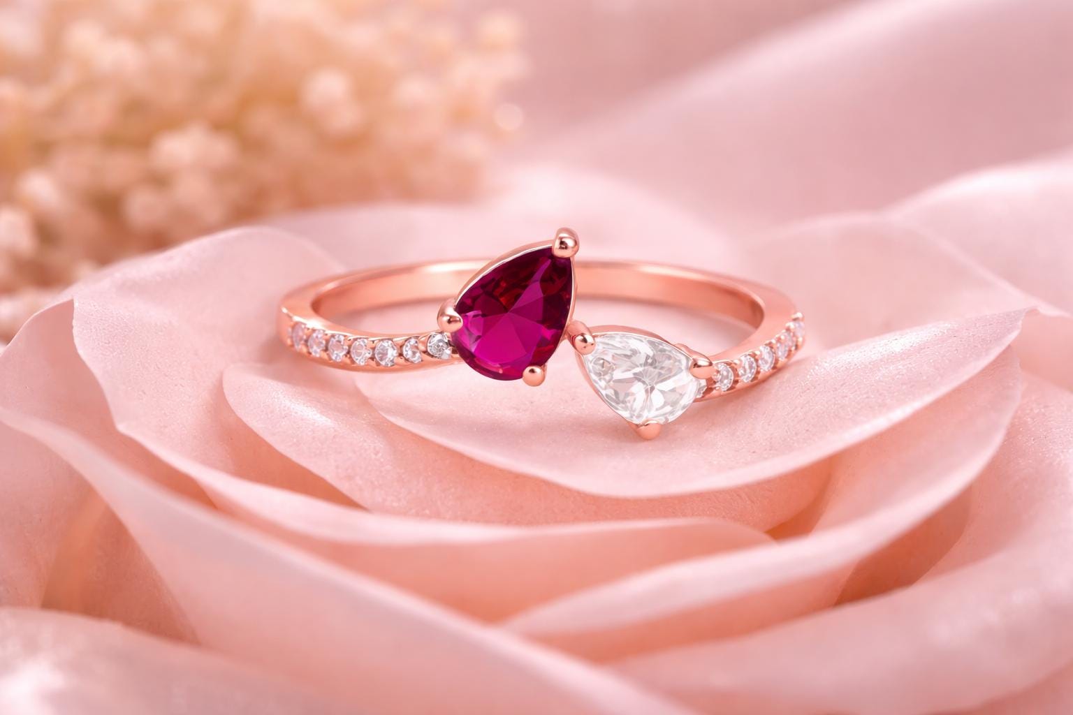 Rose Gold Pear Cut Ring, Sterling Silver Ruby CZ, Dainty Minimalist Statement Brith Stone