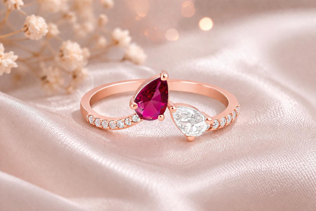 Rose Gold Pear Cut Ring, Sterling Silver Ruby CZ, Dainty Minimalist Statement Brith Stone