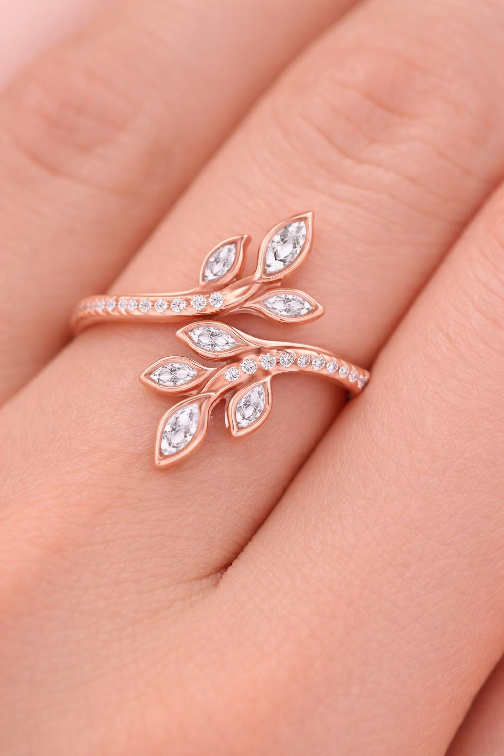 Rose Gold Leaf Branch Ring, Sterling Silver CZ, Nature Inspired Adjustable Dainty Jewelry