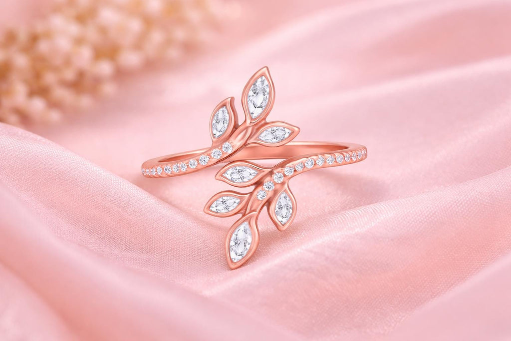 Rose Gold Leaf Branch Ring, Sterling Silver CZ, Nature Inspired Adjustable Dainty Jewelry