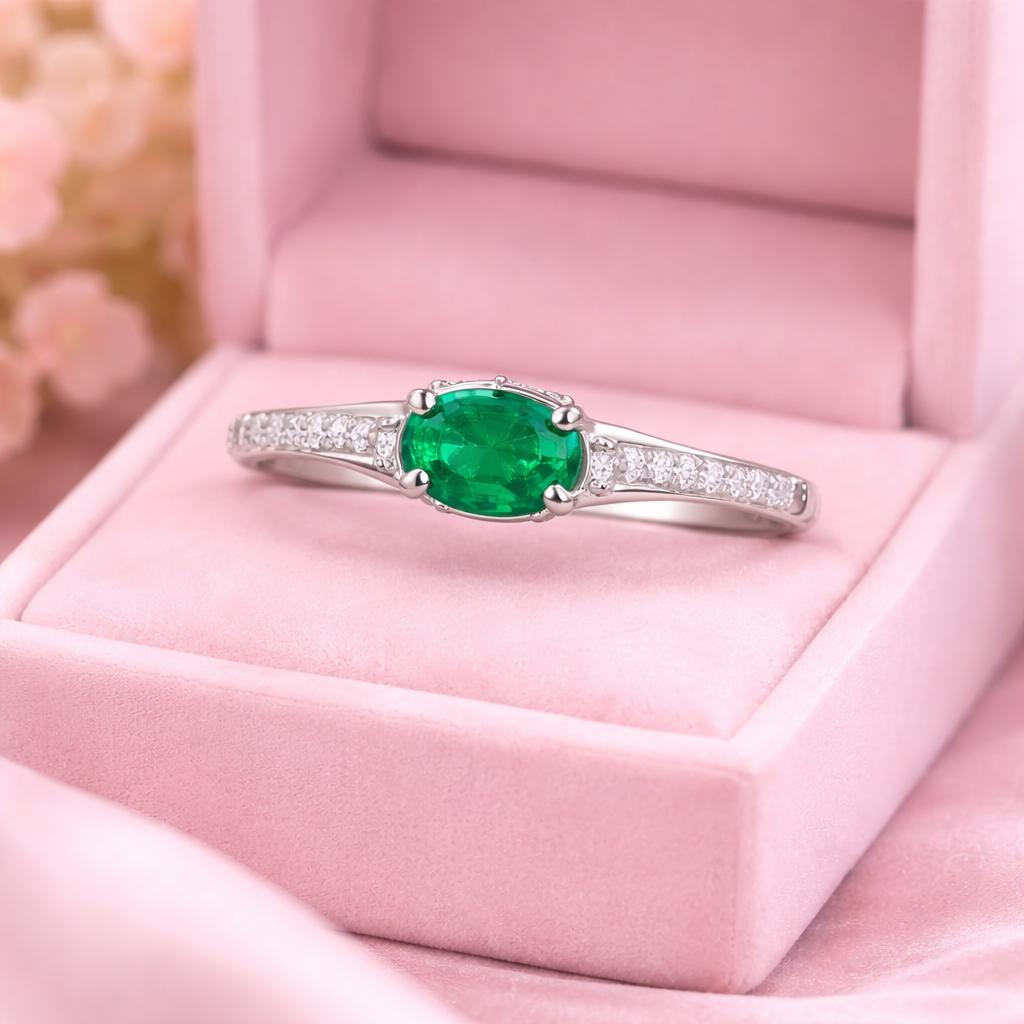 Emerald Green Oval Zircon Ring, 925 Sterling Silver, Pavé Band, Minimalist Engagement Promise Ring
