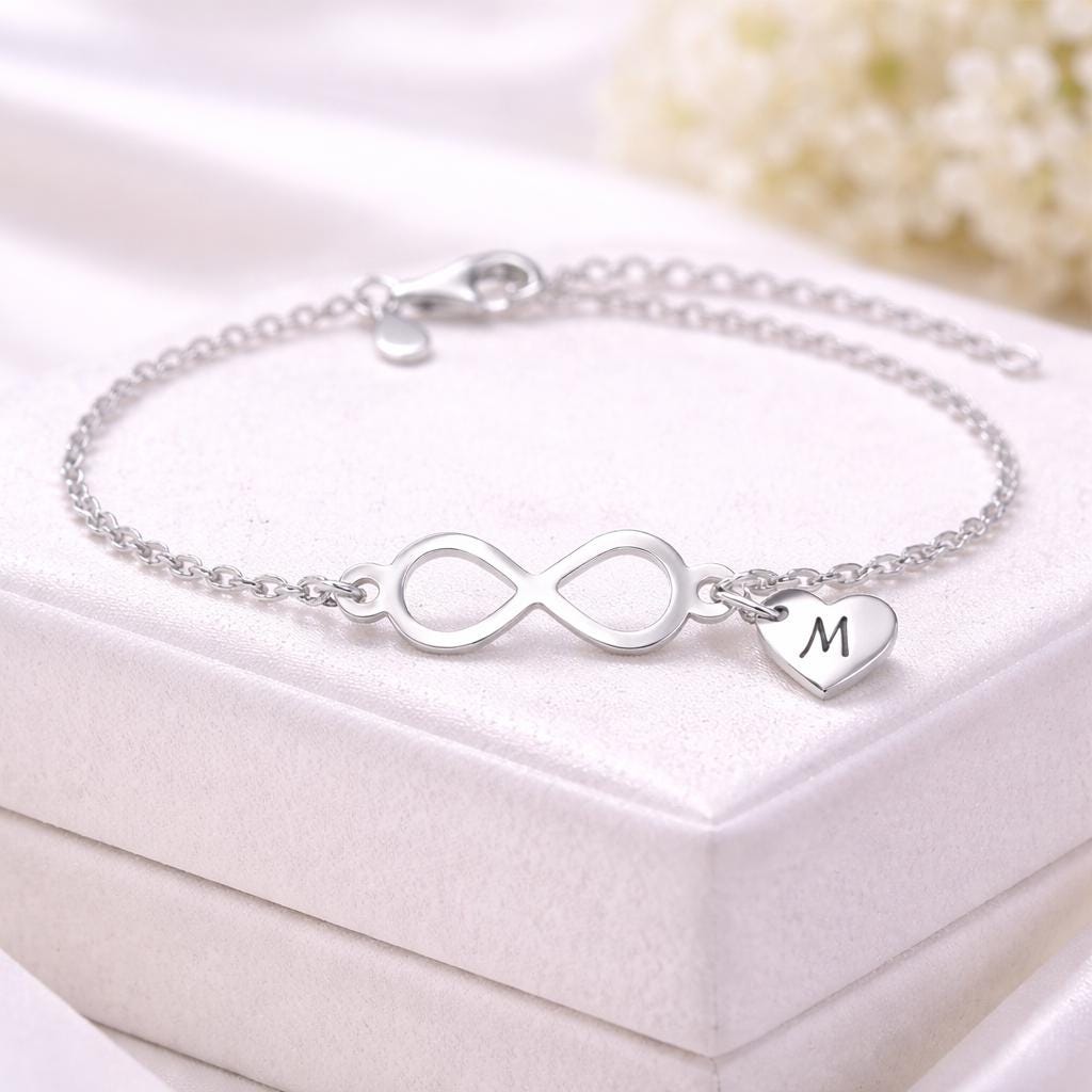 Personalized Infinity Heart Bracelet, Sterling Silver Initial Dainty Chain