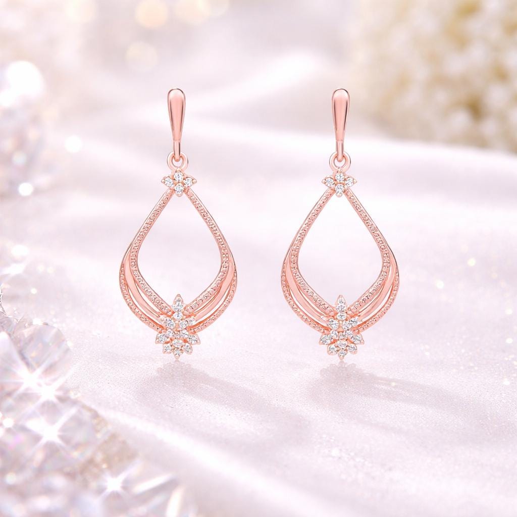 Rose Gold Teardrop Earrings, Sterling Silver CZ Dangle, Elegant Wedding Jewelry