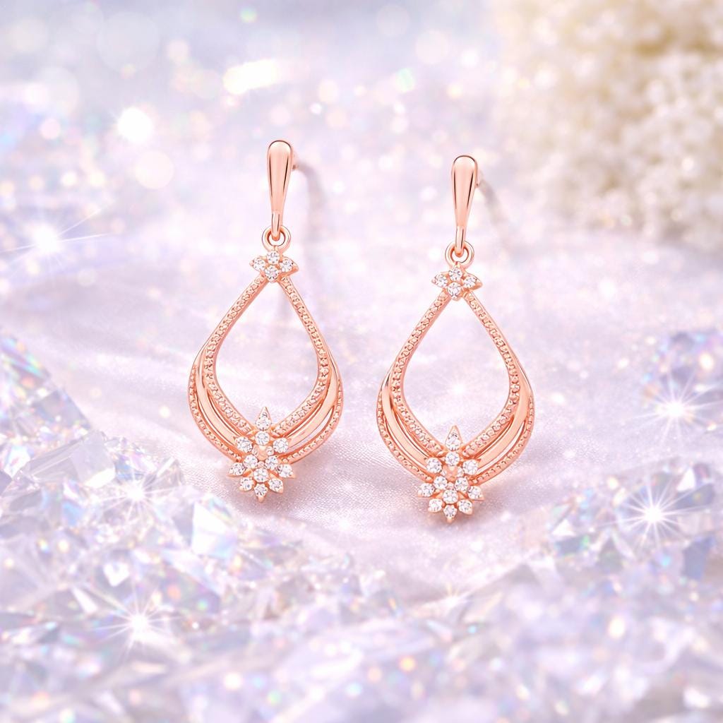 Rose Gold Teardrop Earrings, Sterling Silver CZ Dangle, Elegant Wedding Jewelry