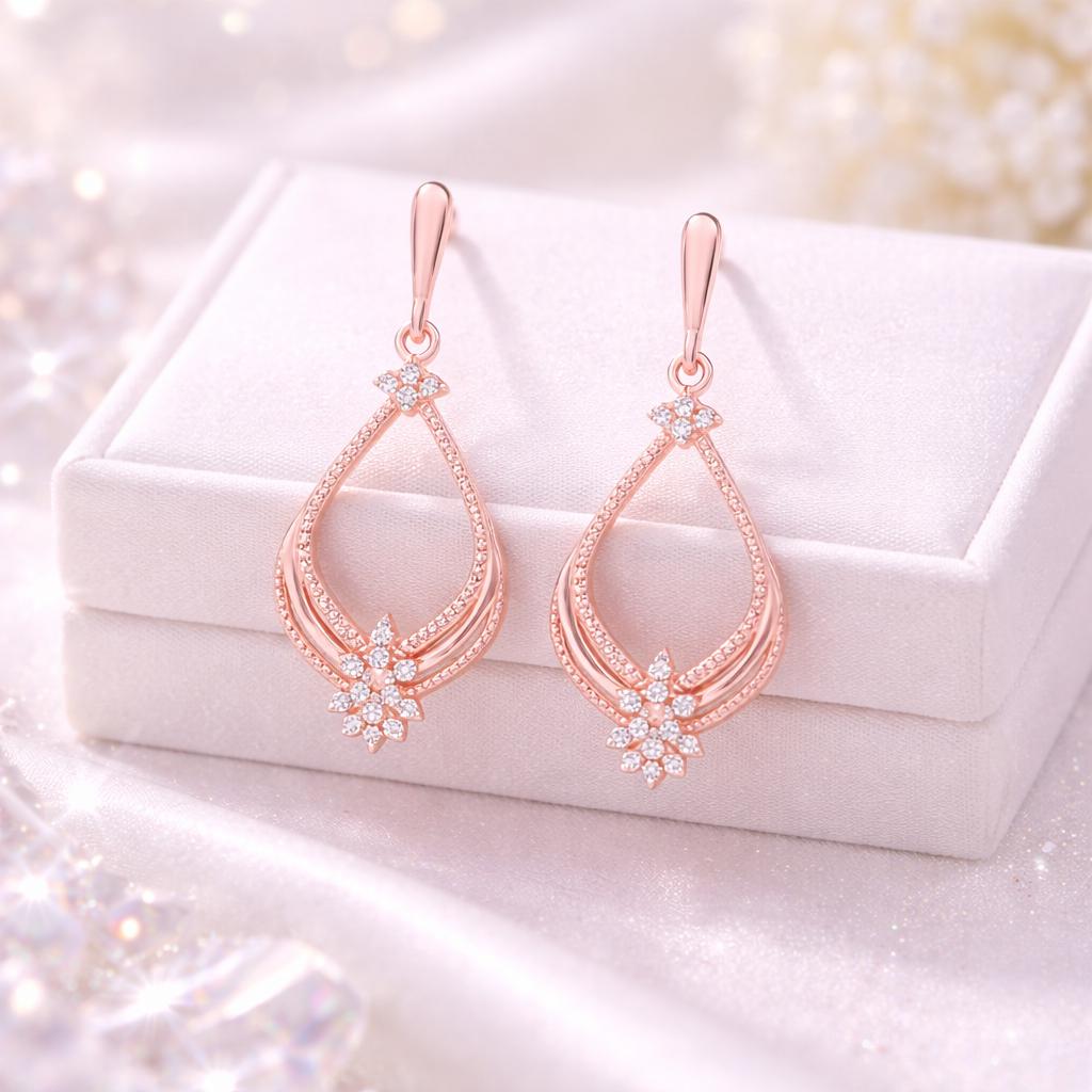Rose Gold Teardrop Earrings, Sterling Silver CZ Dangle, Elegant Wedding Jewelry