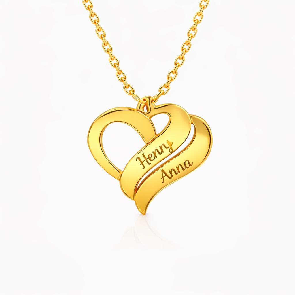 Personalized Duo Heart Necklace, Gold Plated Sterling Silver, Custom Name Pendant, Dainty Chain