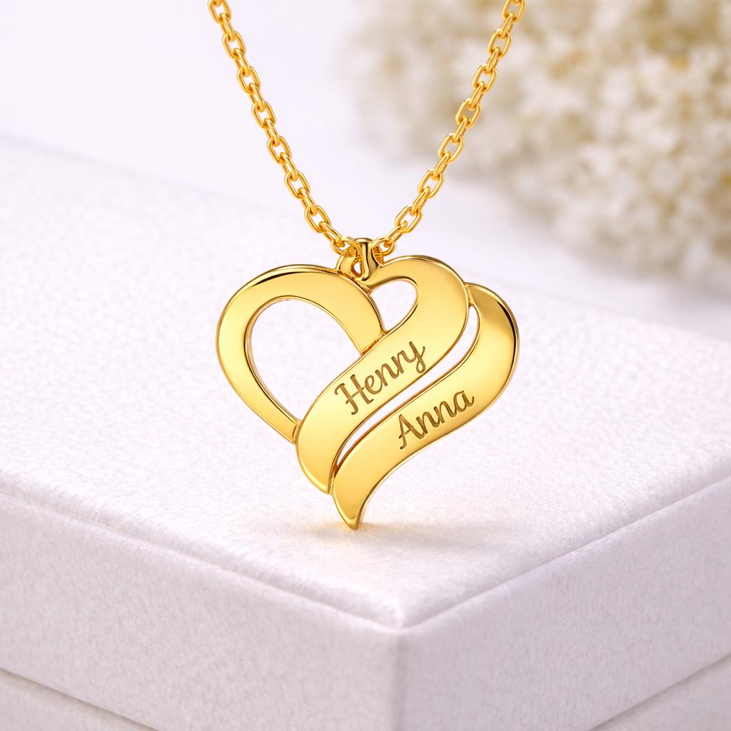 Personalized Duo Heart Necklace, Gold Plated Sterling Silver, Custom Name Pendant, Dainty Chain