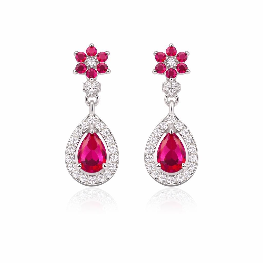 Ruby Red Teardrop Dangle Earrings, 925 Sterling Silver CZ Halo Drop Earrings, Floral Stud Earrings, Elegant Wedding Jewelry Gift for Her