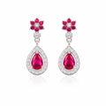 Ruby Red Teardrop Dangle Earrings, 925 Sterling Silver CZ Halo Drop Earrings, Floral Stud Earrings, Elegant Wedding Jewelry Gift for Her