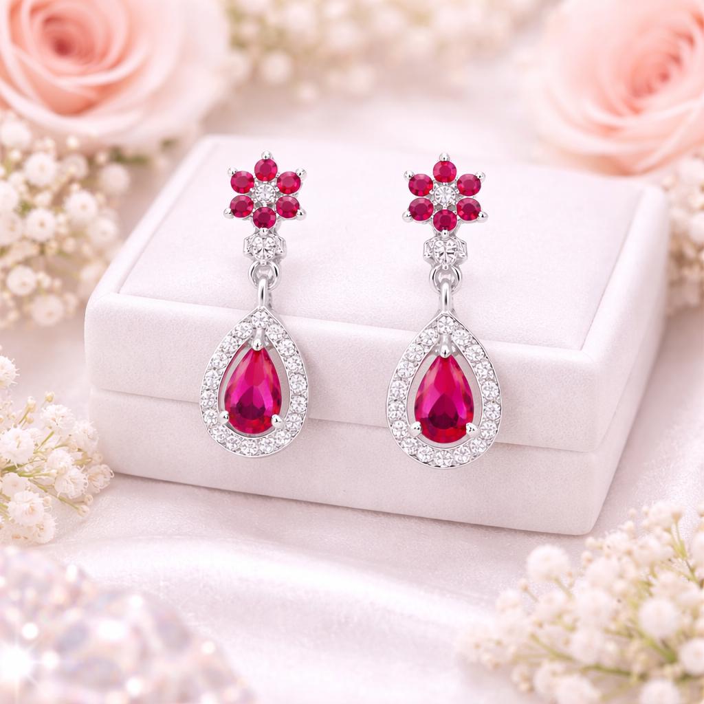 Ruby Red Teardrop Dangle Earrings, 925 Sterling Silver CZ Halo Drop Earrings, Floral Stud Earrings, Elegant Wedding Jewelry Gift for Her
