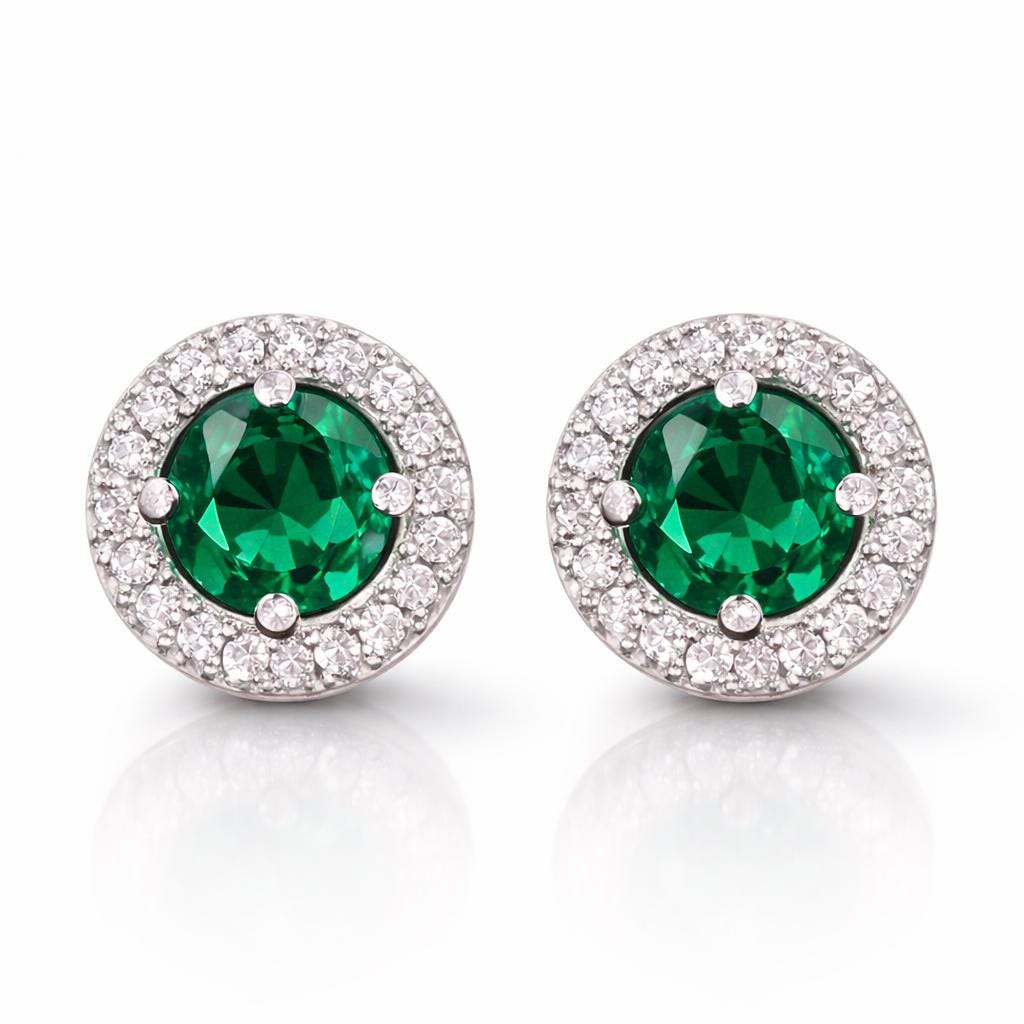 Emerald Green Halo Stud Earrings, 925 Sterling Silver CZ Stud Earrings, Dainty Round Studs, Minimalist Elegant Jewelry Gift for Her