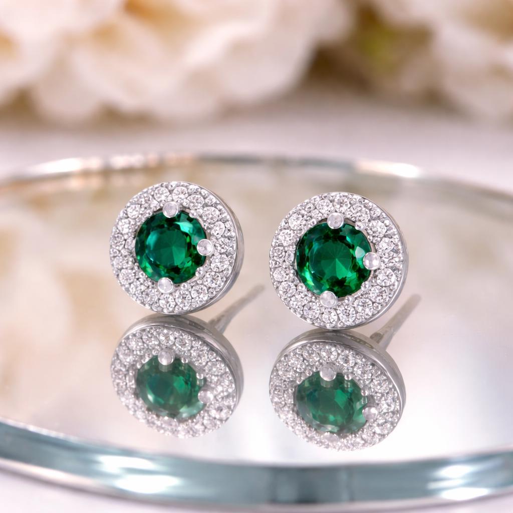 Emerald Green Halo Stud Earrings, 925 Sterling Silver CZ Stud Earrings, Dainty Round Studs, Minimalist Elegant Jewelry Gift for Her