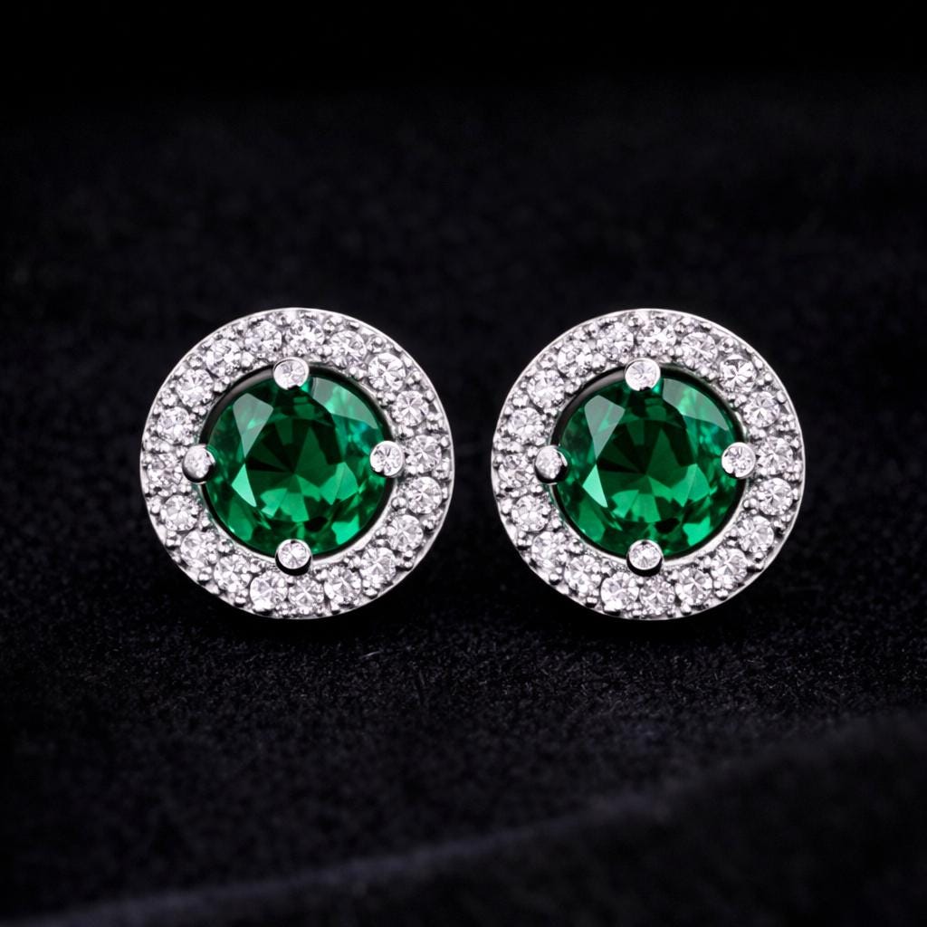 Emerald Green Halo Stud Earrings, 925 Sterling Silver CZ Stud Earrings, Dainty Round Studs, Minimalist Elegant Jewelry Gift for Her