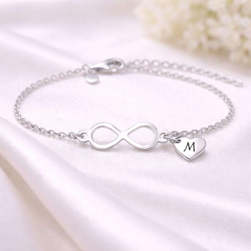 Personalized Infinity Heart Bracelet, Sterling Silver Initial Dainty Chain