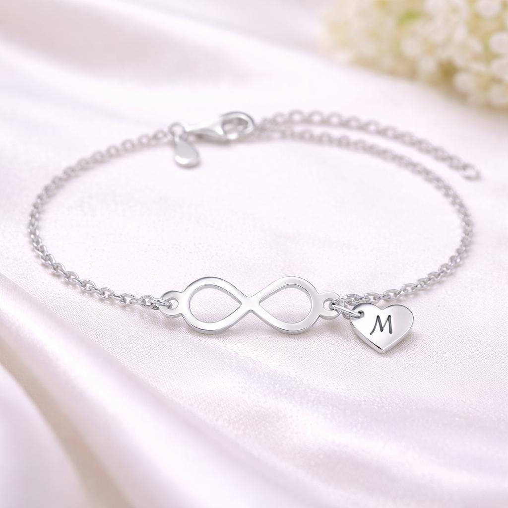 Personalized Infinity Heart Bracelet, Sterling Silver Initial Dainty Chain