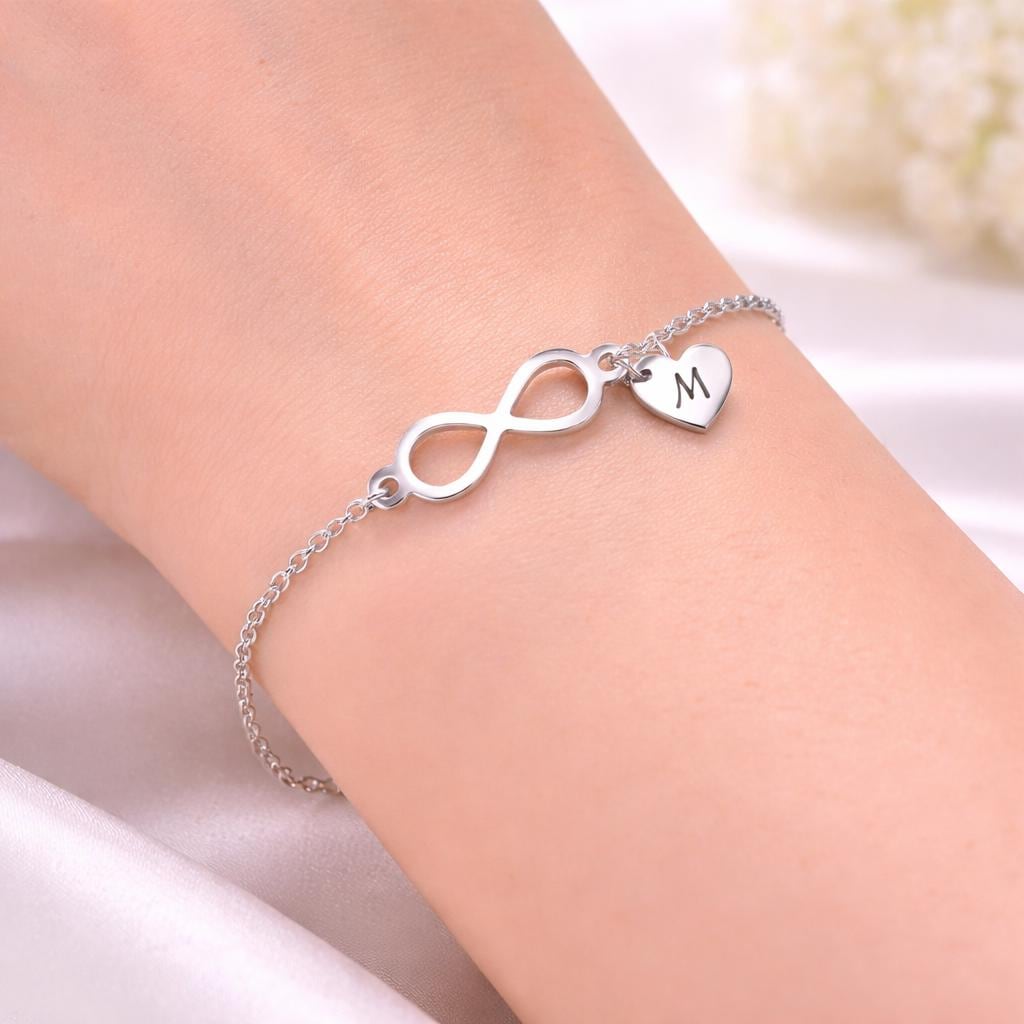Personalized Infinity Heart Bracelet, Sterling Silver Initial Dainty Chain