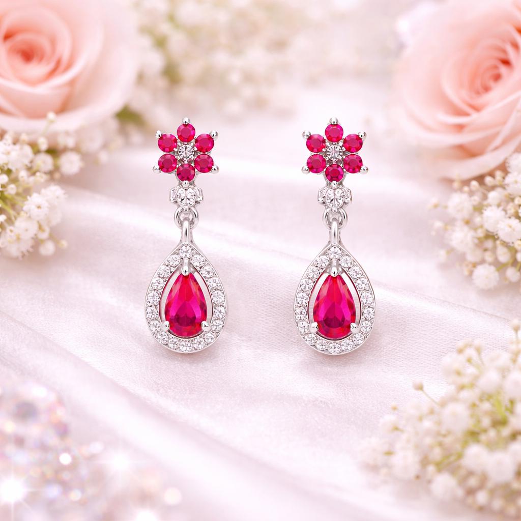 Ruby Red Teardrop Dangle Earrings, 925 Sterling Silver CZ Halo Drop Earrings, Floral Stud Earrings, Elegant Wedding Jewelry Gift for Her