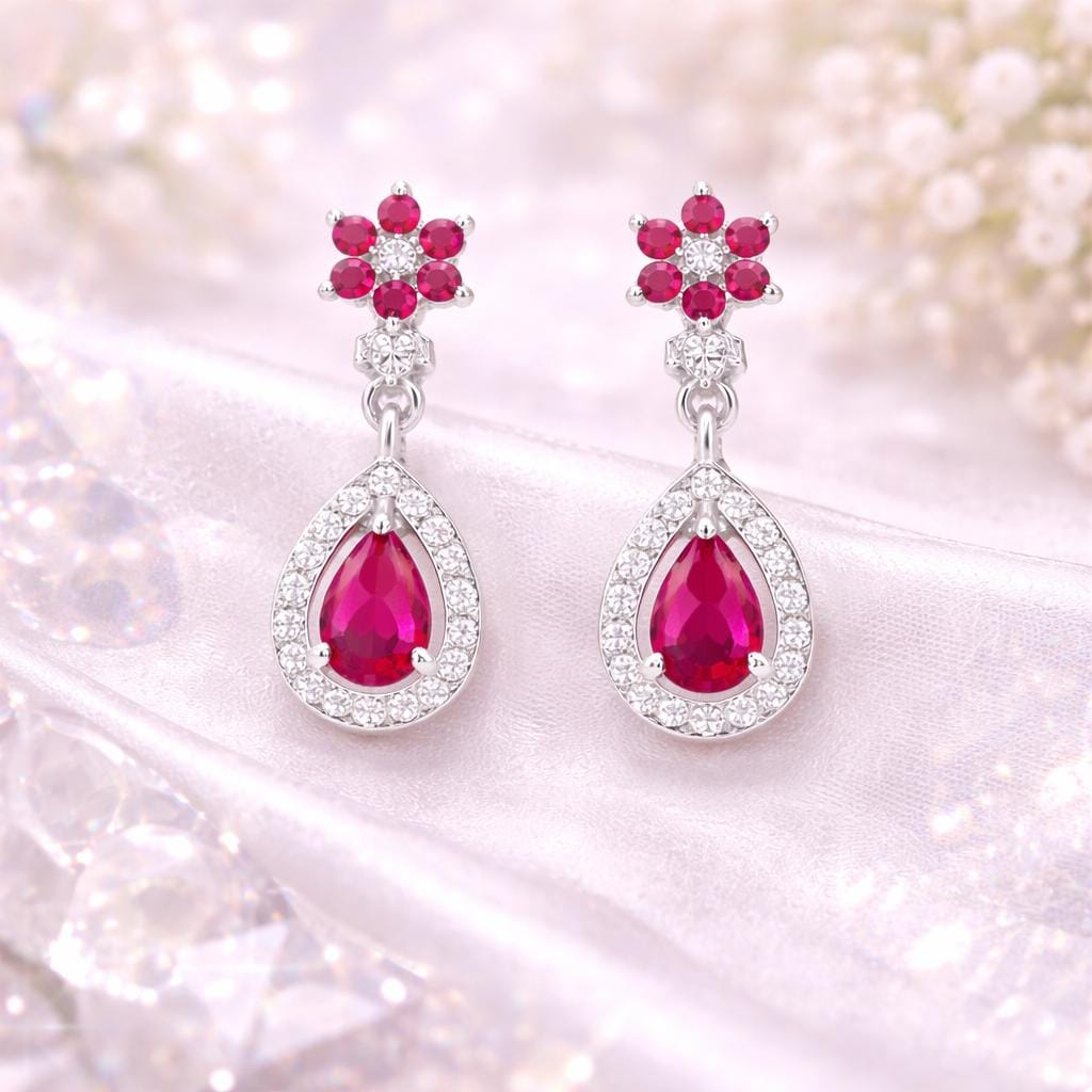 Ruby Red Teardrop Dangle Earrings, 925 Sterling Silver CZ Halo Drop Earrings, Floral Stud Earrings, Elegant Wedding Jewelry Gift for Her
