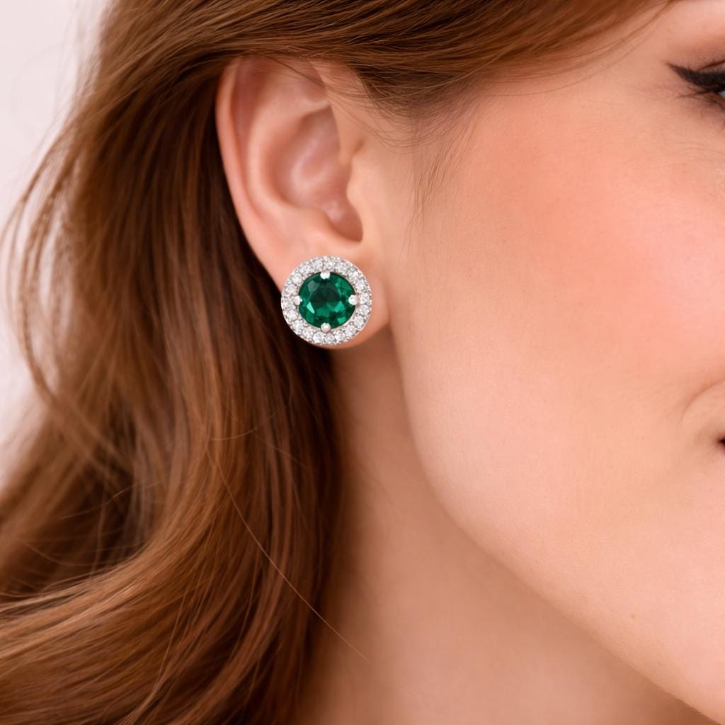Emerald Green Halo Stud Earrings, 925 Sterling Silver CZ Stud Earrings, Dainty Round Studs, Minimalist Elegant Jewelry Gift for Her