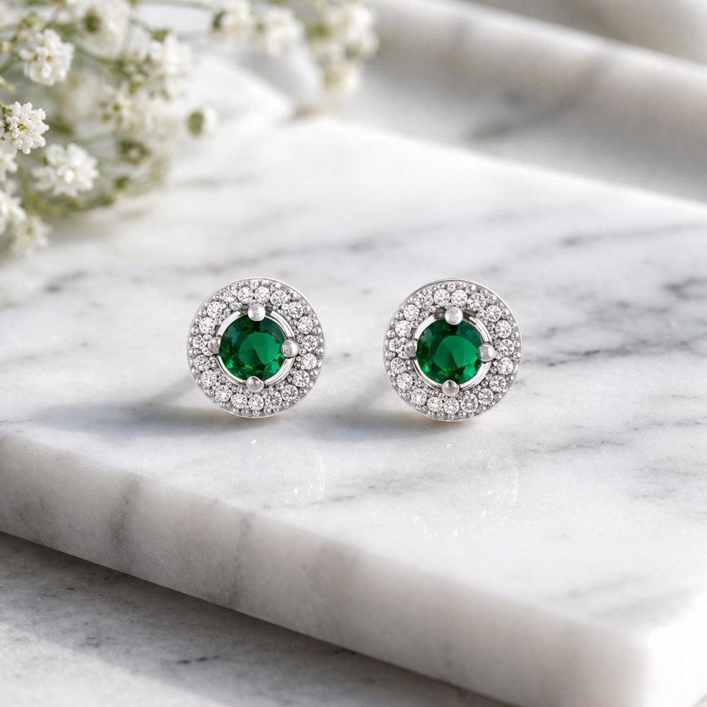 Emerald Green Halo Stud Earrings, 925 Sterling Silver CZ Stud Earrings, Dainty Round Studs, Minimalist Elegant Jewelry Gift for Her