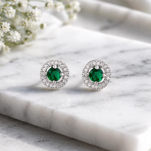 Emerald Green Halo Stud Earrings, 925 Sterling Silver CZ Stud Earrings, Dainty Round Studs, Minimalist Elegant Jewelry Gift for Her